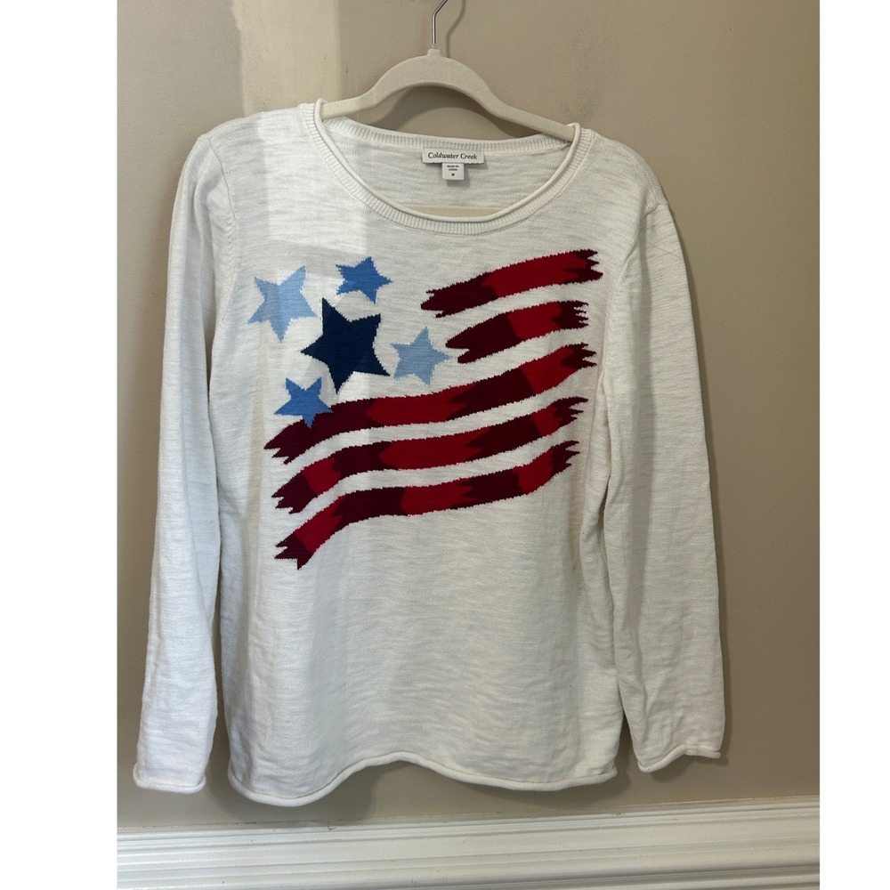 Coldwater Creek Size M 100% Cotton American Flag Sweater Roll Neck Hems